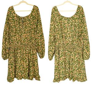 LOST + WANDER Green Pink Floral Knee Length Dress Long Sleeve Women's 2X
